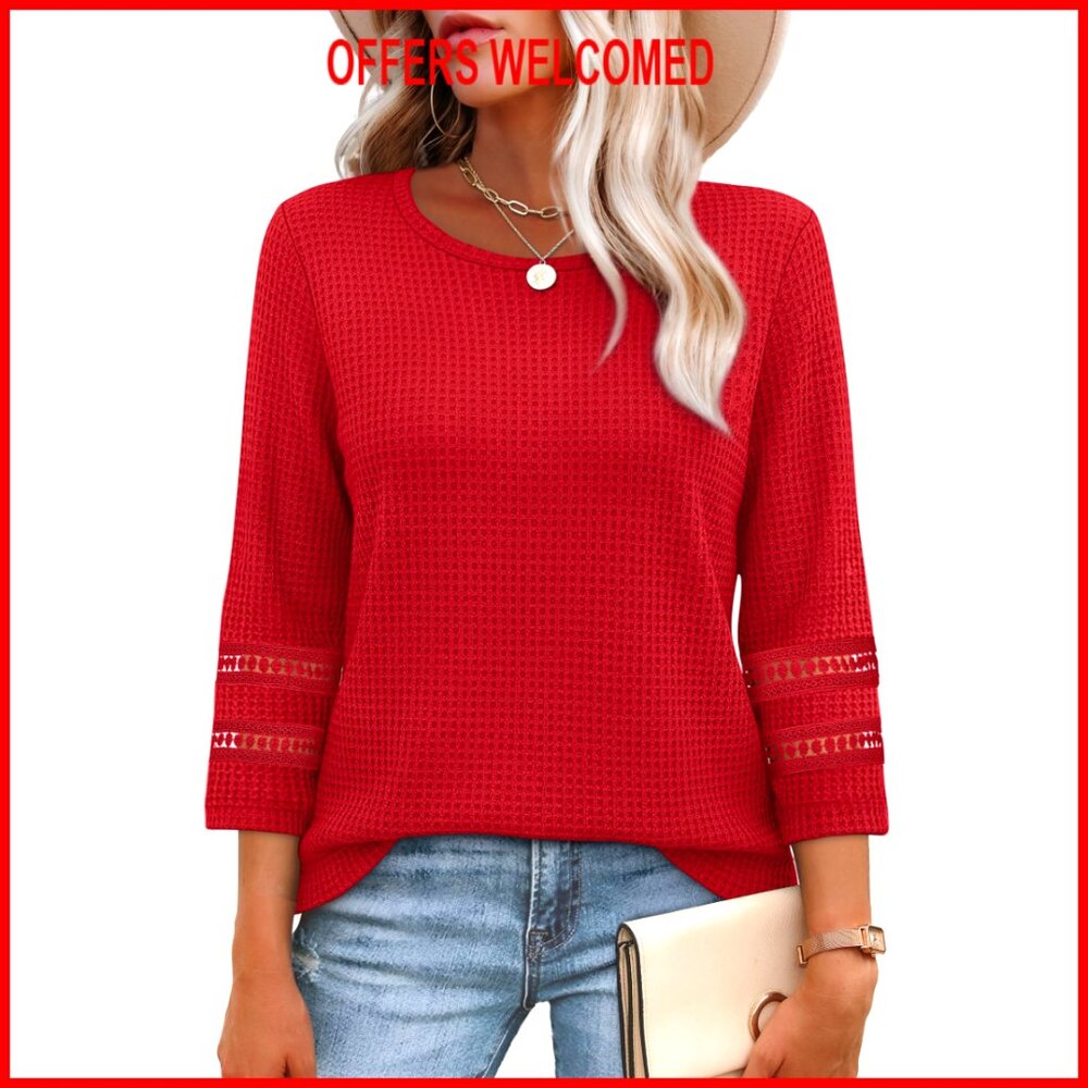 Waffle Knit Lace Crochet Blouse 3/4 Sleeve Crew Neck Relaxed Fit